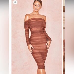 SEPIA BOUTIQUE Maisie Dress Brown Tulle Off Shoulder Bodycon